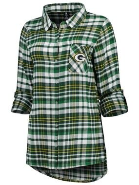 Green Bay Packers Green Plaid Full-Button Long Sleeve Nightshirt XL